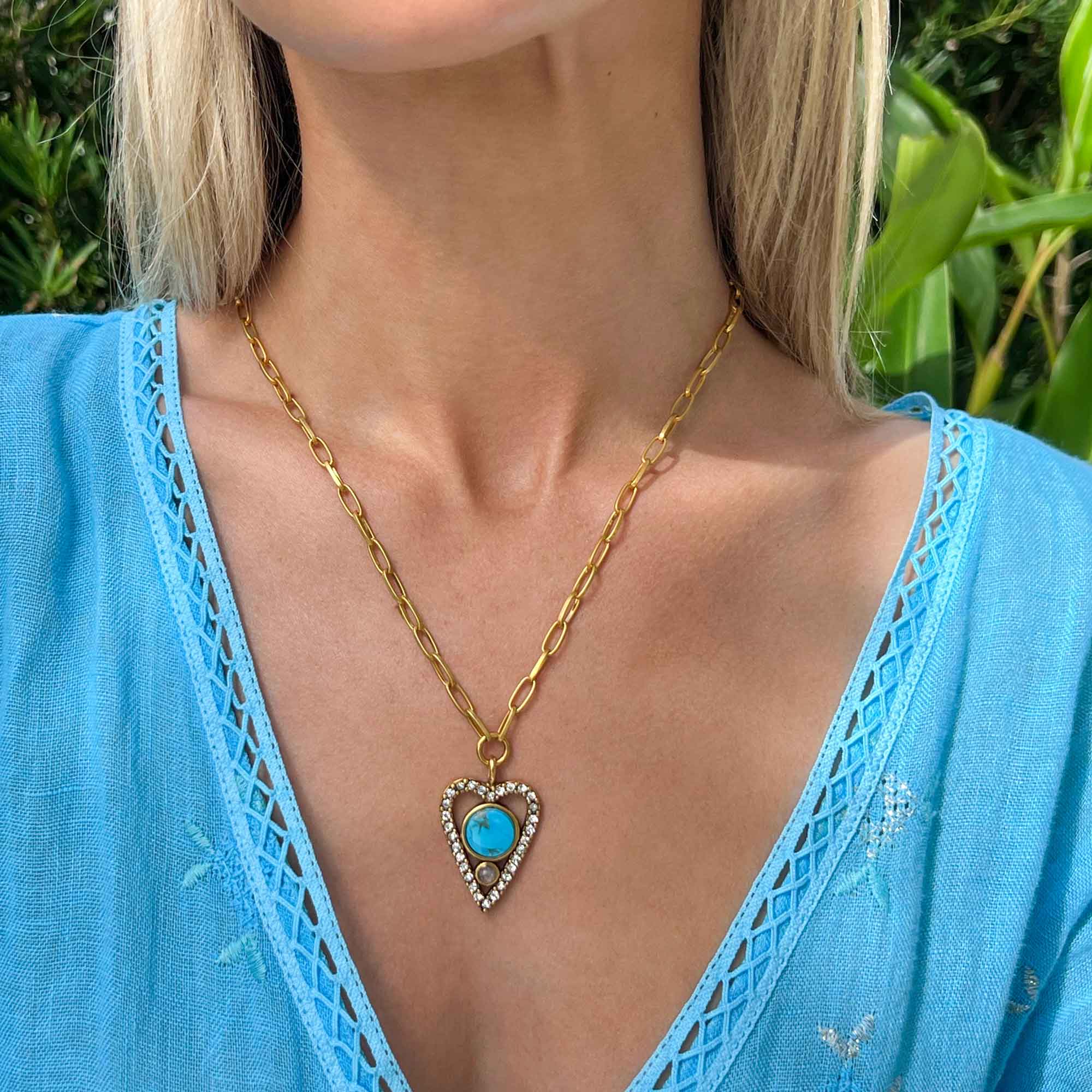 Turquoise Open Heart Pendant Necklace - Image 4